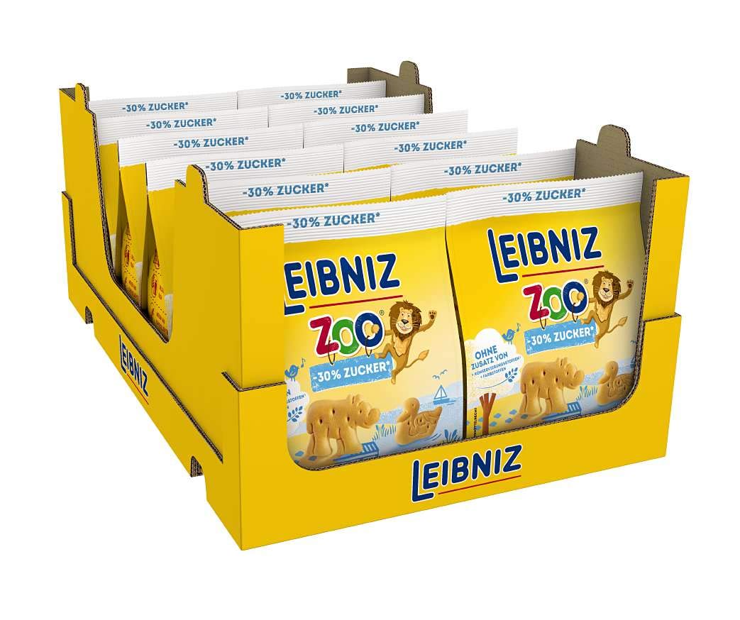LEIBNIZ ZOO -30 % Zucker - 12er Pack – Mini-Butterkekse in lustigen Tier-Motiven für Kinder - ohne Palmöl – im Vorteilspack (12 x 125 g)