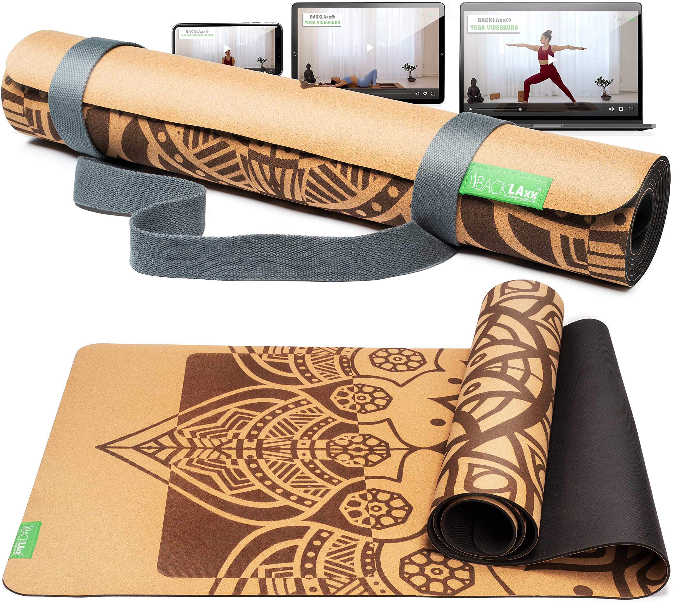 BACKLAxx® Yogamatte Kork mit Naturkautschuk - Yoga Matte nachhaltig, schadstofffrei, Yogamatte rutschfest, Fitnessmatte mit Anti-Rutsch-Zonen inkl. Tragegurt, Turnmatte für Yoga und Matte Sport