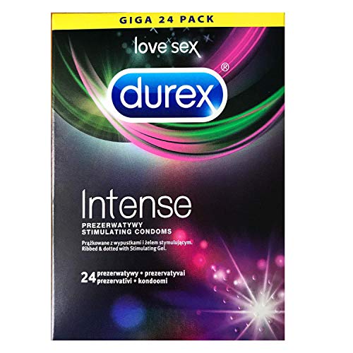 Durex Intense Kondome – Gerippte und genoppte Kondome mit Stimulationsgel für eine intensive Befriedigung der Frau – 24er Pack