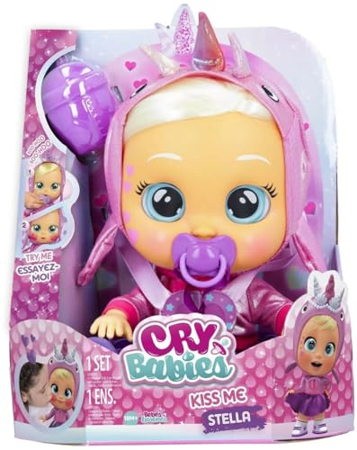 CRY BABIES Kiss Me Stella – Interaktive Babypuppe, weint echte Tränen und Rouge, mit farbigen Haaren und wechselbaren Outfits zum Verkleiden; Spielzeug und Funktionspuppe für Kinder ab 2 Jahren