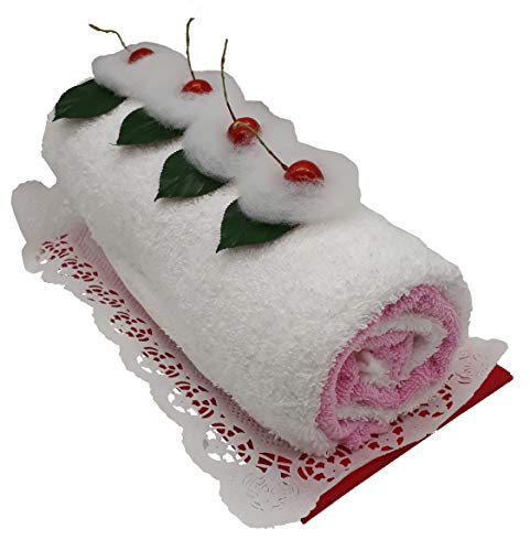 Frotteebox Geschenk Set Schwarzwälder Kuchenrolle in Handarbeit geformt aus 1x Handtuch (100x50cm) weiß, 1x Gästetuch (50x30cm) rosa mit Deko-Kirschen und Tortenspitze