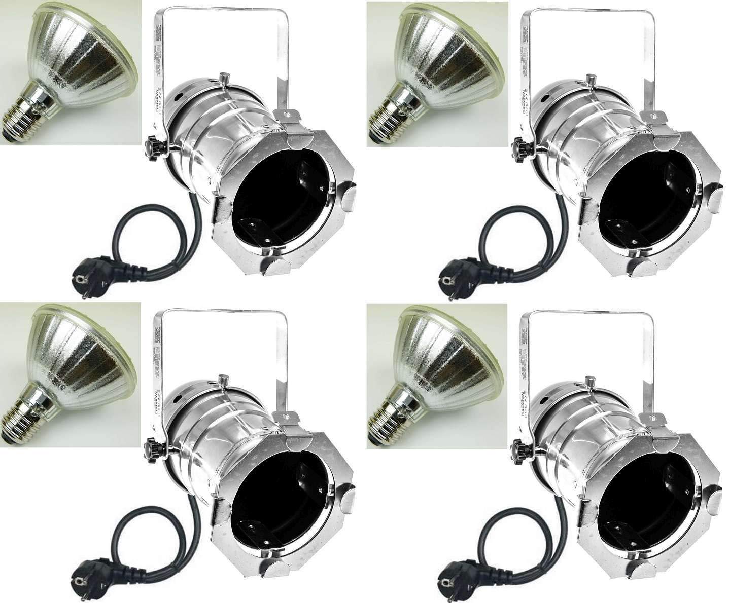 4 x PAR 30 Spot-Light Scheinwerfer SILBER polish PAR-30 incl. 11 Watt LED Leuchtmittel & Kabel mit Schuko-Stecker