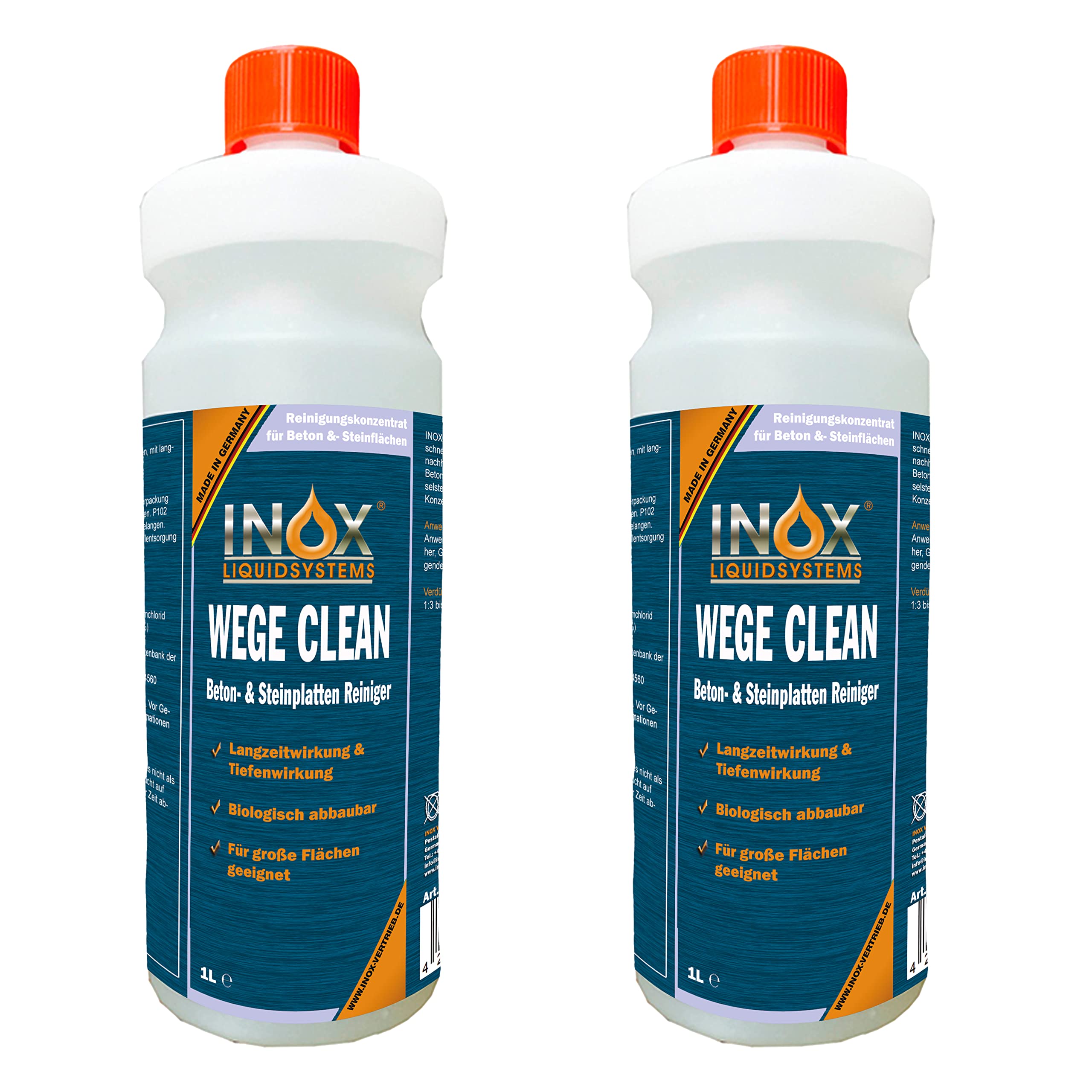 INOX® - Effektiver Wege Clean Konzentrat 2 x 1L | Steinreiniger intensiv außen | Grünbelagentferner Konzentrat, Algen-, Flechten- und Moosentferner | Reinigt Stein, Beton, Fliesen & Fassaden