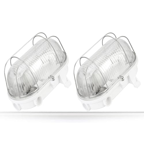 2er PACK - Kellerlampe Bulkhead E27 IP54 weiß - Glasabdeckung - Metallgitter - max. 100W