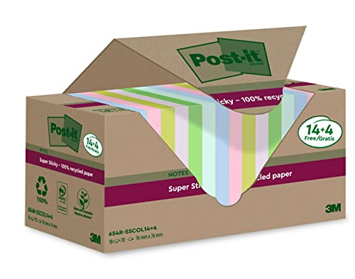 Post-it Super Sticky 100 % Recycling Notes, farbig, 76 x 76 mm, 18 Blöcke á 70 Blatt zum Vorteilspreis