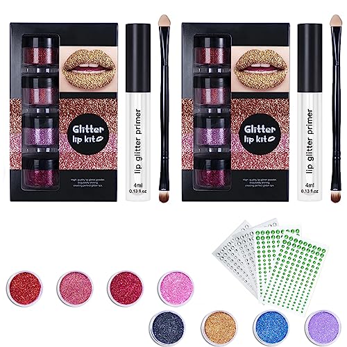 Kawaii Kisses Glitter Lip Kit, Kawaii Glitter Lip Kit, 4 Colors Glitter Lip Kit Gloss, Shiny Diamond Lip Kawaii Glitter Makeup Lipstick with Lip Primer and Brush (2pcs a#)