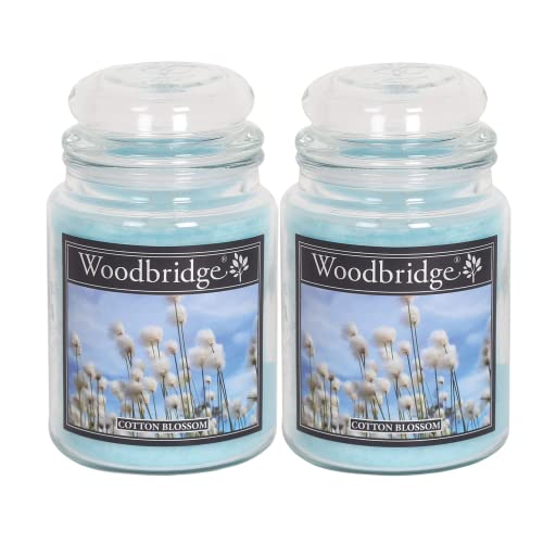 Woodbridge Duftkerze im Glas mit Deckel | 2er Set Cotton Blossom | Duftkerze Cotton | Kerzen Lange Brenndauer (130h) | Duftkerze groß | Kerze Blau (565g)