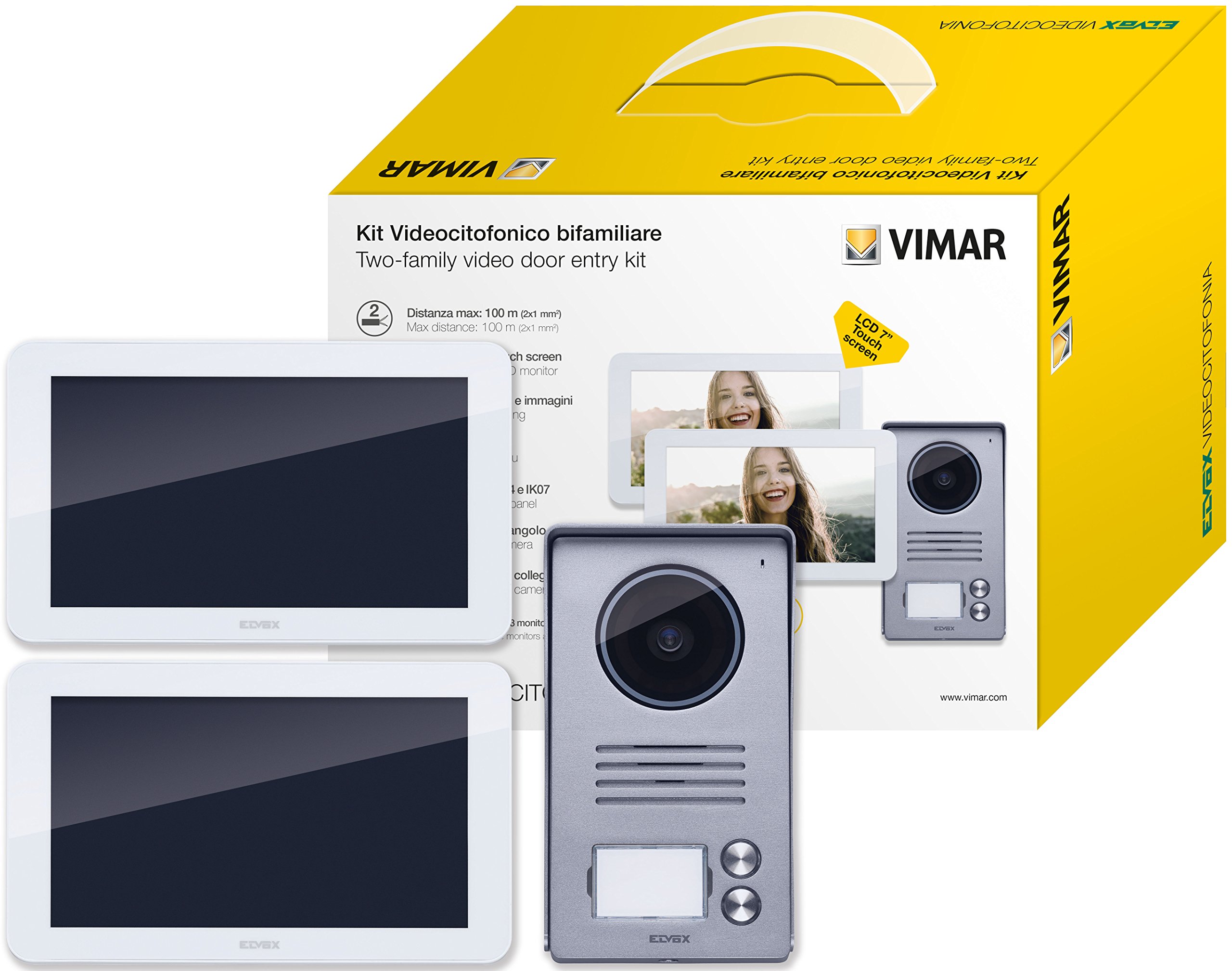 VIMAR K40916 Videosprechenalagen-Set enthält Freisprech-Touchscreen-Videohaustelefon LCD 7in 2-Taste Klingeltableau Regenschutz Netzgerät 24V 1A austauschbaren Steckern EU BS US AU, Weiß, 1 Stück