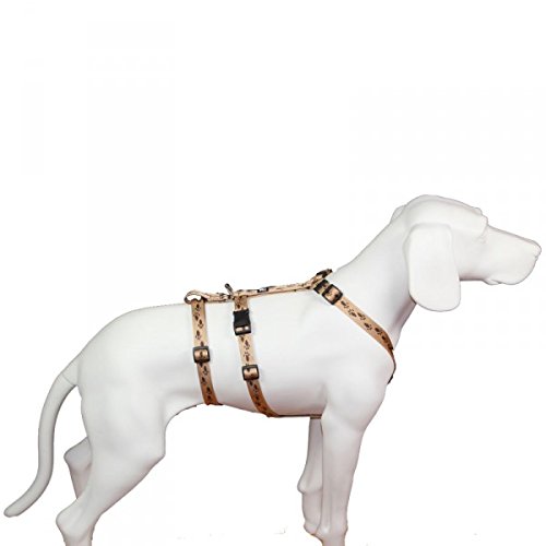 Das Original - NoExit Hundegeschirr ® - 100 % ausbruchsicher für Angsthunde, Sicherheitsgeschirr für Pflegehunde, Panikgeschirr, beige mit braunen Pfötchen, Bauchumfang 35-50 cm, 15 mm Bandbreite