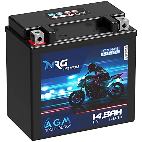 NRG Premium YTX14-BS AGM Motorradbatterie 14,5Ah 12V 275A/EN Batterie 51214 YTX14-4 CTX14-BS GTX14-BS auslaufsicher wartungsfrei ersetzt 14Ah