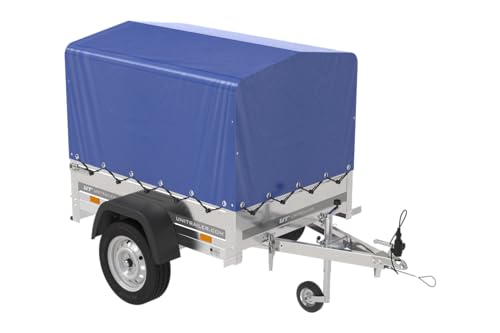 Unitrailer PKW Anhänger 150 KIPP, 150x106 cm, mit blauer Hochplane, Hochspriegel und Stützrad - Anhänger Aufbau, Auto Anhänger