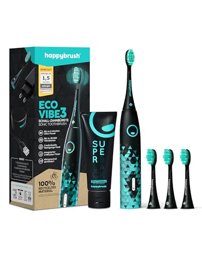 happybrush® Elektrische Schall-Zahnbürste Eco VIBE 3 - Nachhaltige Zahnbürste mit 6 Wochen Power-Akku inkl. 3 Aufsteckbürsten und Zahnpasta - Schwarz/Mint