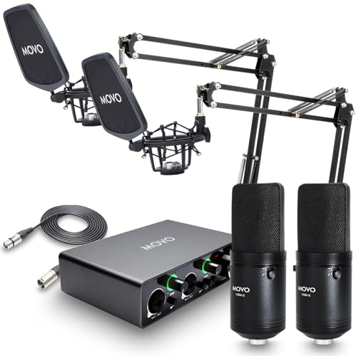 Movo VSM-5 Professionelles Kondensatormikrofon-Set mit großer Membran und MDX-1 2x2 Audio-Schnittstelle mit schwenkbarem Scherenarm-Mikrofonständer – Podcast-Ausrüstungsset für YouTube, Podcast,