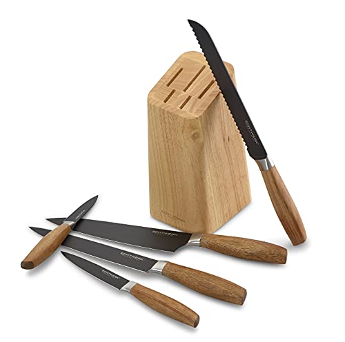 ECHTWERK Küchenmesser Set "Classic" aus hochwertigem Stahl, 6-teiliger Messerblock aus Pakkaholz, Black-Edition, 10,5 x 12,7 x 22,7 cm