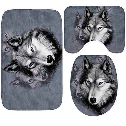 Ketamyy 3pcs/set Wolfskönig Motiv Badematte Rutschfest Badteppich Badezimmer Set 3 Teilig Bunte Fußmatten Badvorleger Sanft Gemütlich Flanell Absorbent Gummi WC Vorleger Wolf 1# Kleines 3-teiliges Set