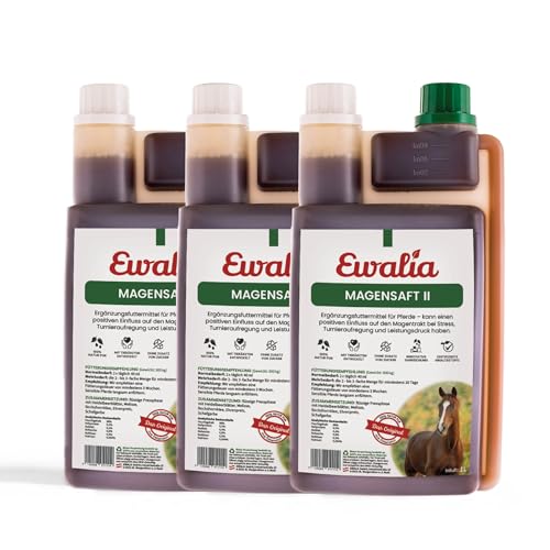 NEU! EWALIA Magensaft II - Spezial-Ergänzungsfuttermittel für Pferde bei Stress & Turnieraufregung - Unterstützung für empfindliche Mägen, mit Tierärzten entwickelt, 100% Natur pur, 3x1 Liter