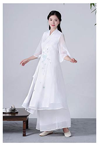 JTKDL Zen Kostüm Weibliche Unsterbliche Chinesischen Stil Spitze Hanfu Tee Kleidung Sommer Frauen Meditation Spirituelle Tanzkleid Anzug,White-L