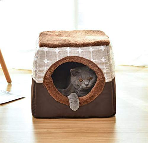 ANQI Haustierbett, Katzen- und Hundebett, Höhle, 5,1 cm, zusammenklappbar, ultraweiches Haustierbett, bequemes Bett für Katzen, kariert, Größe S, 35 x 33 x 30 cm