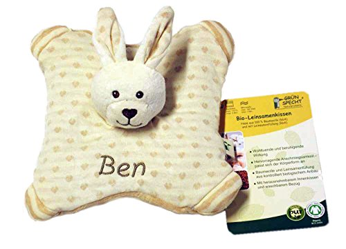 Grünspecht Bio Leinsamenkissen Hase 100% Baumwolle mit Ihrem Wunschnamen bestickt, ideales Geschenk für Babys und Kleinkinder zur Geburt, Taufe, Ostern, Weihnachten