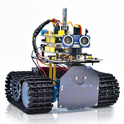 KEYESTUDIO Smart Robot Tank Car Kit V2 für Arduino Learner, Licht/Ultraschall Follow, Infrarot & Bluetooth Fernbedienung, Intelligentes und lehrreiches DIY Robotic Kit