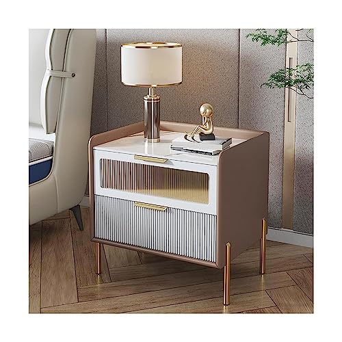 KiLoom Schlichter Nachttisch, rechteckiger Luxus-Beistelltisch aus Leder mit 2 Schubladen, Nachttisch aus Massivholz, Dresse, nordischer Nachttisch (Aprikose 48 cm)