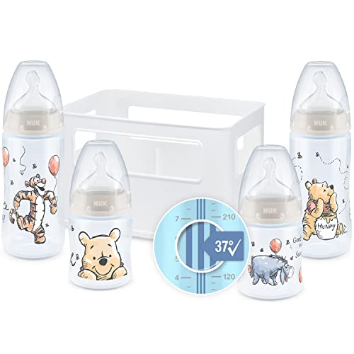 NUK Disney Winnie the Pooh First Choice + Babyflaschen Starter Set | 4 Anti-Colic Babyflaschen (2x 150ml & 2x 300ml) | Temperature Control Anzeige | Silikonsauger | Flaschenbox | BPA-frei