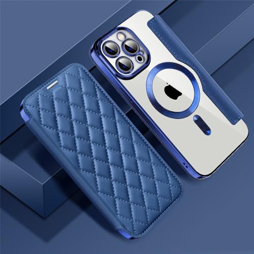 MVVKKY Magnetische Flip-Handyhülle für iPhone 15 14 11 12 13 Pro Max Plus mit Linsenschutz-Mesh-Lederabdeckung, blau, für Samsung S24 Plus