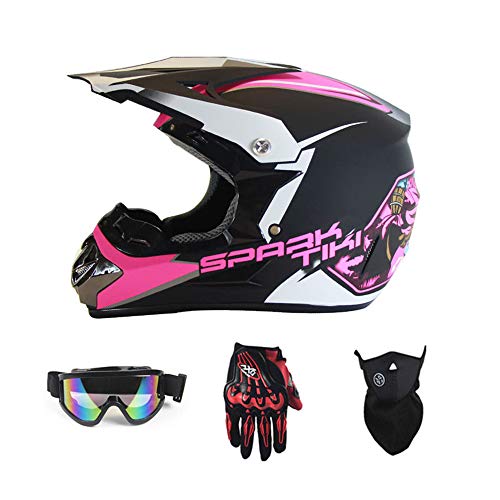 Motorradhelm ATV Motorradhelm SUV Helm + Schutzbrille + Handschuhe + Maske, Motorrad BMX MX Downhill Cross Country Mountainbike Erwachsener Helm,Rosa,S