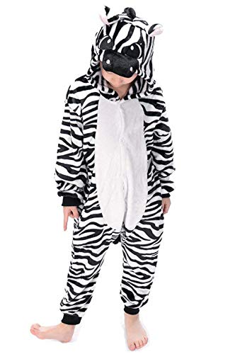 Jumpsuit Onesie Tier Karton Fasching Karneval Halloween Kostüm Kinder Mädchen Junge Kigurumi Sleepsuit Overall Pyjama Unisex Lounge Cosplay Schlafanzug, Zebra