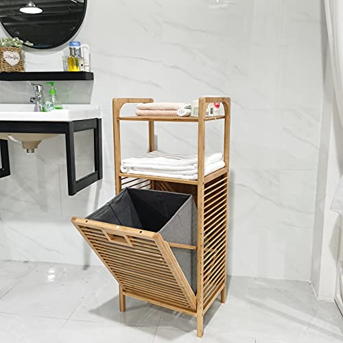 Badregal mit Abnehmbarem Wäschekorb, Badezimmerregal aus Bambus, Badschrank mit 2 Ablagen für Badaccessoires, mit Faltbarem Wäschesammler, für Badezimmer Schlafzimmer