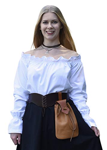 Battle-Merchant Mittelalter Langarm Carmenbluse aus Baumwolle für Damen | schulterfreie langärmlige Boho Bluse S-XXL | Halloween Karneval Kostüm (Weiß, M)