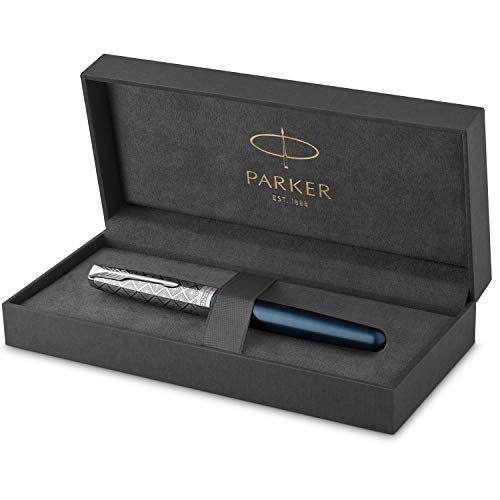 PARKER Sonnet Füllfederhalter | Premium Metall und blau satiniert mit Chrom-Finish | feine Feder aus 18 Karat Gold mit schwarzer Tintenpatrone | Geschenkbox