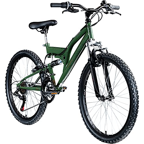 Galano FS180 24 Zoll Mountainbike Full Suspension Jugendfahrrad Fully MTB Kinder ab 8 Jahre Fahrrad (Khaki, 37 cm)