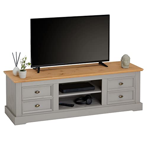 IDIMEX TV-Lowboard Kent, schöner Fernsehschrank aus Kiefer massiv in grau/braun, praktisches HiFi-Möbel mit 4 Schubladen, attraktives Sideboard mit Zwei Nischen