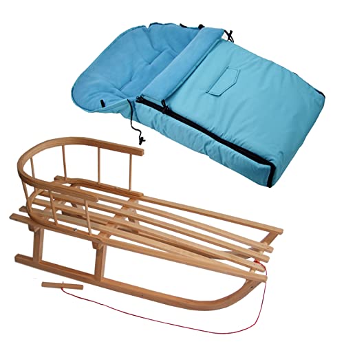 Kombi-Angebot Holz-Schlitten mit Rückenlehne & Zugseil + universaler Winterfußsack (90cm), auch geeignet für Babyschale, Kinderwagen, Buggy, Thermofleece Uni (türkis + Schlitten)