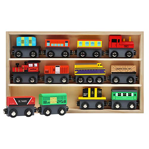Magnetisches Holz-Eisenbahn (13pcs) Set - 12 Holz-Eisenbahn, 1 Aufbewahrungskasten aus Holz - Spielzeug Lokomotive Zug Set Zubehör, Spielzeug Sammlung für Jungen und Mädchen