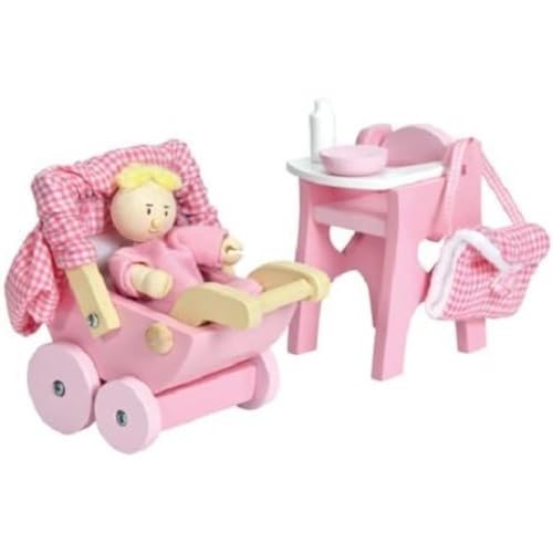 Le Toy Van Baby Set für Puppenhaus mit Hochstuhl, Kinderwagen, Tasche, Flasche