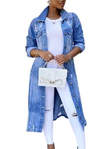 Minetom Damen Jeans Denim Jacke Blouson Übergangsjacke Mantel Outwear Trenchcoat Frühling Lange Cut Out OversizeJacke Jacken G Blau 48