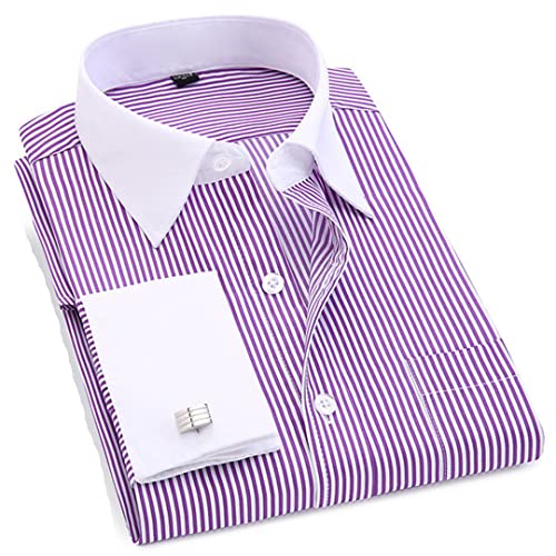 Bqxxdeo Herrenhemd Mit Französischen Manschetten Langarm Knöpfe Hemden Normale Passform Manschettenknöpfe Enthalten FS12 Purple Stripes L