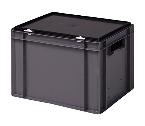 Stabile Profi Aufbewahrungsbox Stapelbox Eurobox Stapelkiste mit Deckel, Kunststoffkiste lieferbar in 5 Farben und 21 Größen für Industrie, Gewerbe, Haushalt (grau, 40x30x28 cm)