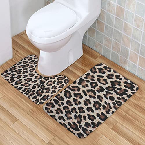 Badezimmerteppich-Set, 2-teilig, Leopardenmuster, bedruckt, Flanell, rutschfest, saugfähig, Badezimmerteppich, WC, U-förmiger Konturteppich