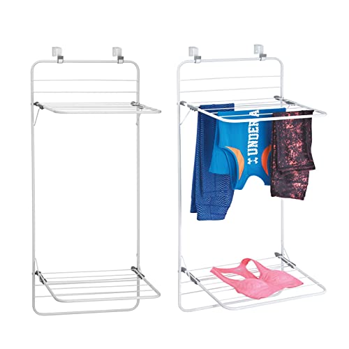 mDesign 2er-Set Tür-Wäschetrockner – platzsparendes Trockengestell zum Einhängen aus Metall und Kunststoff – mit 2 Etagen – praktisches Wäschereck für Bad oder Waschküche – weiß/grau