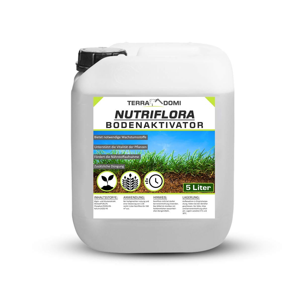 TerraDomi Nutriflora 5 Liter Bodenaktivator Konzentrat für 1650m² I NP - Dünger auf Basis von Seealgenextrakt I 20% mehr Wachstum und Ertrag I natürliche Basis