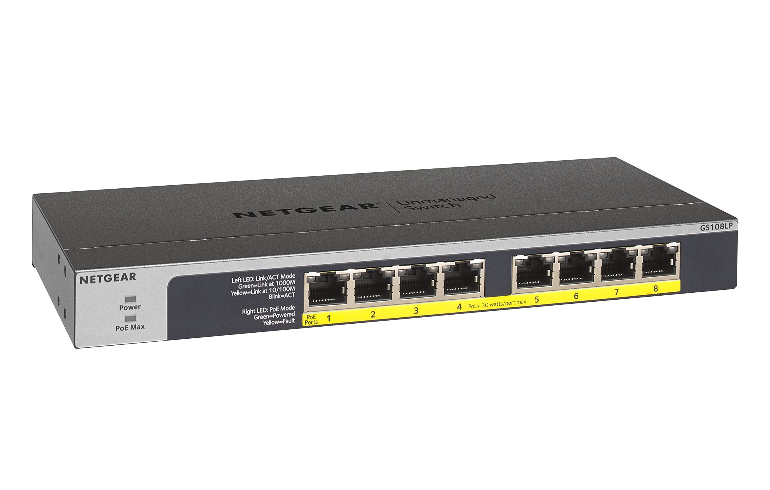 NETGEAR GS108LP PoE Switch 8 Port Gigabit Ethernet LAN Switch mit 8x PoE+ 60W (Plug-and-Play Netzwerk Switch PoE, lüfterlos, Rack-Montage möglich, ProSAFE Lifetime-Garantie)