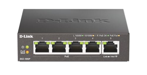 D-Link PoE Switch, 5 Port Ethernet Gigabit Unmanaged Desktop Switch mit 4 PoE Ports 60W Budget (DGS-1005P), schwarz
