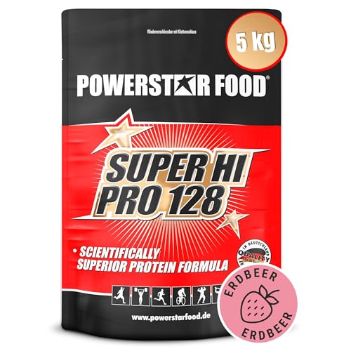 Powerstar SUPER HI PRO 128 | Mehrkomponenten Protein-Pulver Strawberry 5kg | Höchstmögliche Biologische Wertigkeit | Eiweiß-Pulver mit 79% Protein i.Tr. | Protein-Shake zum Muskelaufbau