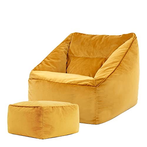 icon Riesen Sitzsack Sessel „Natalia“ mit Hocker, Gelb, Plüsch XXL Sitzsack Erwachsene mit Füllung für das Wohnzimmer, Riesensitzsack Sofa XXL