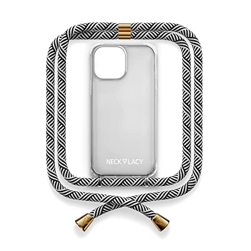 NECKLACY® - The Phone Necklace - Handykette für Apple iPhone 14 Plus in Domino Swirl | transparente Handyhülle mit hochwertiger Kordel zum Umhängen - Smartphone Crossbody Case