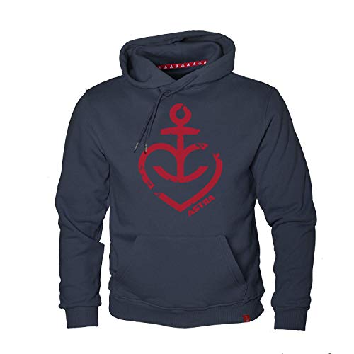 ASTRA Hooded Sweater Herzanker, Cooler Hoodie für Männer und Frauen, Kapuzen-Pulli mit Herzanker-Logo, Unisex, in Navy-Blau mit rotem Aufdruck, Gr. XS