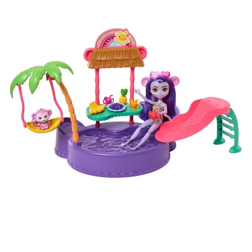 Enchantimals Set Pool in Affenform mit Puppe, 15,3 cm, Tierfigur, Rutsche, Schaukel, 12 Spielteile, Kinderspielzeug, ab 4 Jahren, HTW73